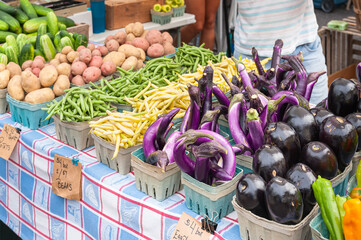 A bounty of vegetables at the market including cucumbers, potatoes, beans, and various eggplants.