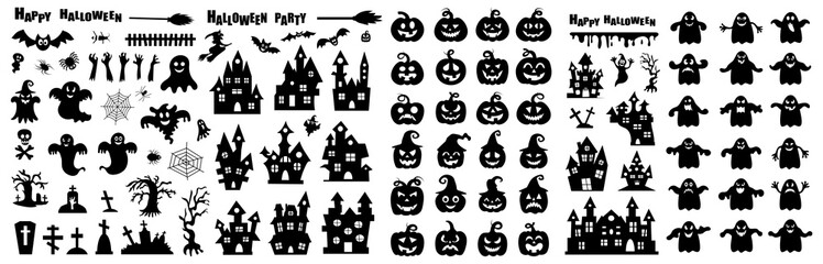 Set of silhouettes of Halloween on a white background. Vector illustration