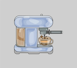 Light blue coffee machine with a cup of coffee on a light background