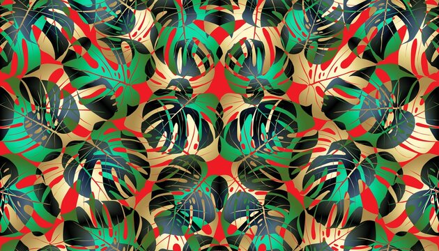 Digital tiles design. Digital fresco, wallpaper. 3D render ceramic wall tiles decoration. Abstract tropical palm monstera pattern with geometric and floral ornaments, Vintage tiles intricate details 