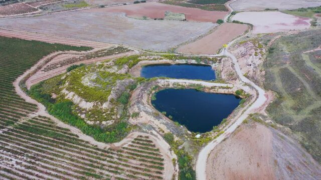 View from a drone of the agricultural landscape in Villar de Arnedo in the autonomous community of La Rioja, Spain, Europe
