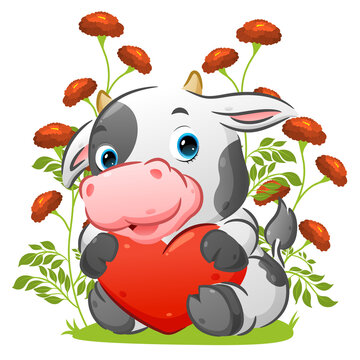 The cute cow with the little horn is sitting in the garden and holding the colored love doll