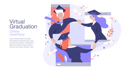 Happy graduate students congratulating each other on their success. Virtual Graduation ceremony. Online Education. Flat vector illustration concept.