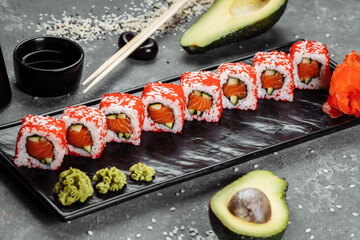 California sushi style rolls, with raw vegetables, food border background