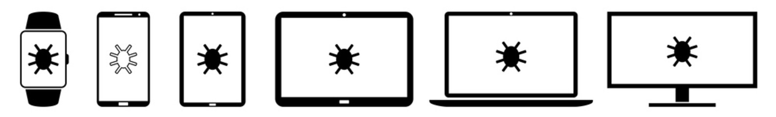 Display Bug, Bugs, Error, Insect Icon Devices Set | Web Screen Device Online | Laptop Vector Illustration | Mobile Phone | PC Computer Smartphone Tablet Sign Isolated