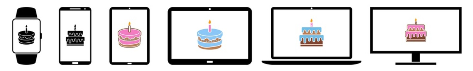 Display Cake, Happy, Birthday, Candle, Party, Celebration Icon Devices Set | Web Screen Device Online | Laptop Vector Illustration | Mobile Phone | PC Computer Smartphone Tablet Sign Isolated