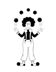 cute cartoon clown juggling, black and white digital graphic