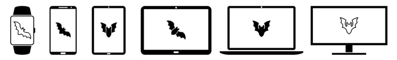 Display Bat Flying Bats Halloween Vampire Icon Devices Set | Web Screen Device Online | Laptop Vector Illustration | Mobile Phone | PC Computer Smartphone Tablet Sign Isolated
