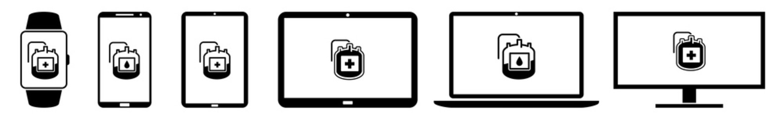 Display Blood Bag Donate Give Donor Banked Stored Bottle Icon Devices Set | Web Screen Device Online | Laptop Vector Illustration | Mobile Phone | PC Computer Smartphone Tablet Sign Isolated