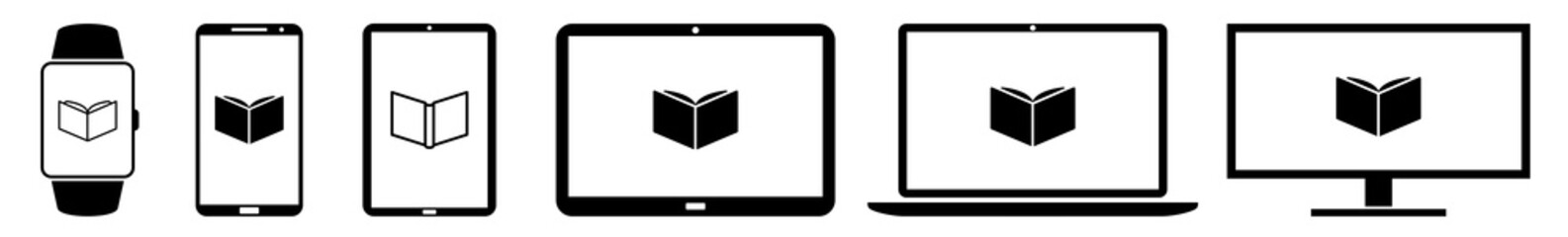 Display Book Education Reading Learning Read Icon Devices Set | Web Screen Learn Study Educate Device Online | Laptop Vector Illustration | Mobile Phone | PC Computer Smartphone Tablet Sign Isolated