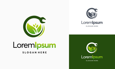 Green Service Logo Design Template, wrench tree leaf service logo vector icon illustration, Mechanic leaf logo template vector