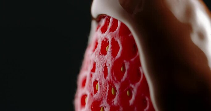 Ripe red juicy strawberry being slowly covered with hot molten chocolate. Tasty snack on black background food and drink close up 4k footage