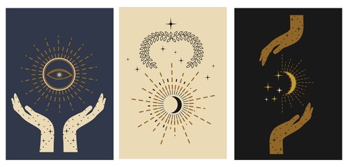 Mystery cards set. Hand drawn mystical design templates with hands, stars, moon, sun. Set of Mysterious celestial designs for stories, social media, cards etc. Vector illustration © OLHA
