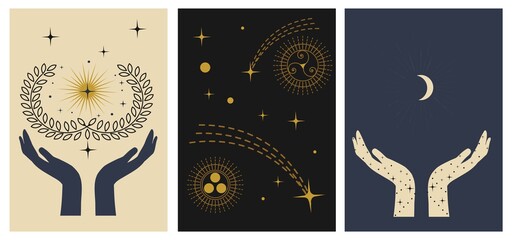 Mystery cards set. Hand drawn mystical design templates with hands, stars, moon, sun. Set of Mysterious celestial designs for stories, social media, cards etc. Vector illustration