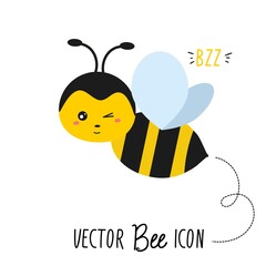 Kawaii bee vector icon. Flat style cute bee illustration isolated on white background. Flat style design element for greeting card, poster, textile, baby shower etc
