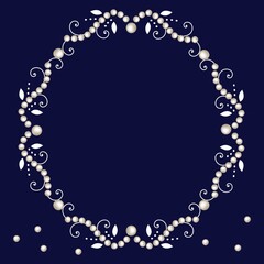 Pearl frame with decorative elements isolated on navy background. Oval pearl necklace, border and corner for wedding, decoration, banners, cards or invitation. Vector illustration