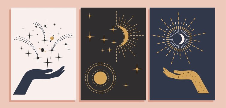 Mystery cards set. Hand drawn mystical design templates with hands, stars, moon, sun. Pink, white, black and blue Mysterious celestial designs for stories, social media, cards etc. Vector illustration