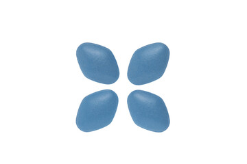 Blue pill on white background. Erectile Dysfunction Pill.
Mans health and sexual problems. Male power and libido. 