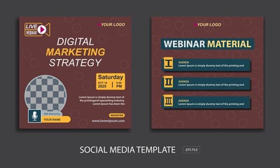 set live webinar social media template, with color brown and yellow  for online webinar, conference, training, seminar, course and learning video.