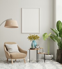 Poster mockup with vertical frames on empty wall in living room interior with velvet armchair.
