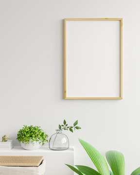 Interior poster mock up with vertical empty wooden frame,Scandinavian style.