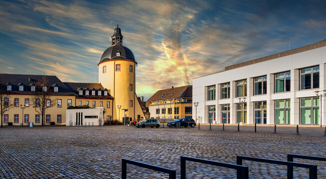 District town of Siegen, Lower Castle with Castle Tower and University Lecture Hall Building. Unteres Schloss mit Schlossturm und H&ouml;rsaalgeb&auml;ude der Universit&auml;t