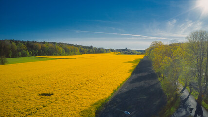 Stockholm Ekero - Aerial view of a Rapeseed field 20-04-01. High quality 4k footage