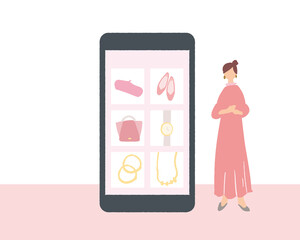 スマートフォンに映るネットショップ画面と横に立つ女性