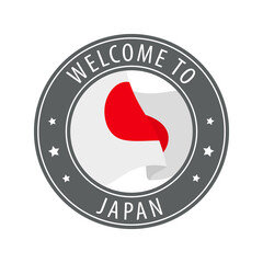 Welcome to Japan. Gray stamp with a waving country flag.