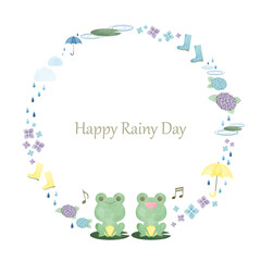 梅雨　水彩　手描き　円フレーム/ Hand Drawn Watercolor Cute Rainy Season Monsoon Season Circle Frame - Vector Image