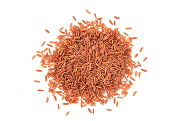 Red rice isolated on white background. top view
