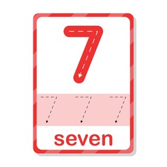 Number seven flash card for children, kids. Number numeric flash card. Number 7 handwriting practice