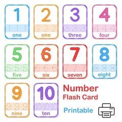 Number flash card for children, kids. Number numeric modern flashcard clean design. Learning number handwriting practice preschool