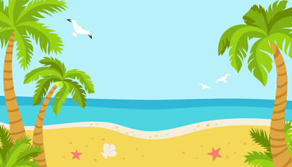 Fototapeta na wymiar Tropical beach, summer background for text. Palm trees and seagulls, sea sand, ocean. Island flat cartoon coconut palm trees nature design element. Hand drawn beach space for text. Vector illustration