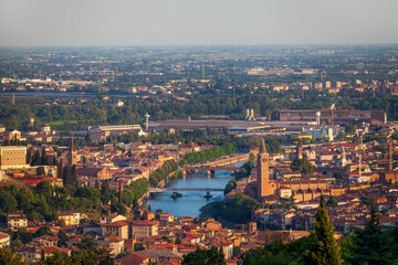 Fototapeta na wymiar Verona, Italy, 07.04.2019: panoramic view of Verona from the hill