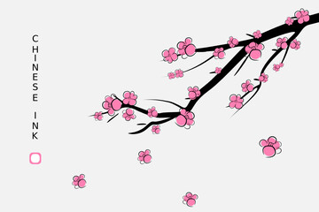 Vintage Chinese ink painting with plum flowers and tree branches with Chinese alphabet of spring in translation. Vector pattern.