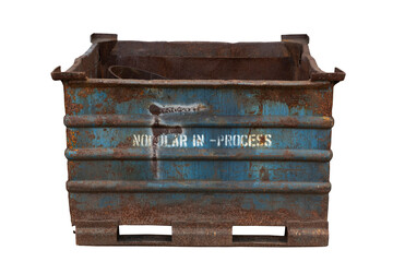 Old aged industrial metal storage box isolated on white