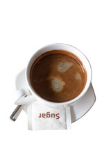 Hot coffee in white cup with sugar isolated on white