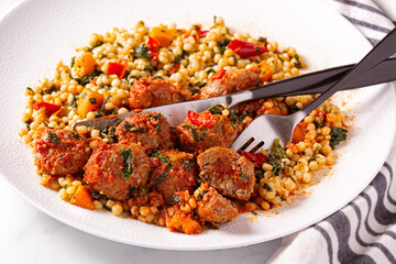 Turkey meatball entree with Israeli couscous and roasted vegetables