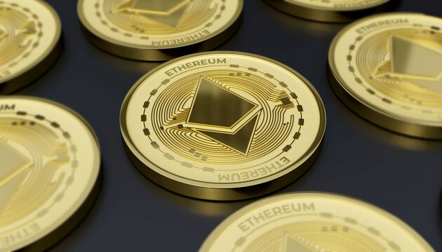 Ethereum Cryptocurrency Digital Coin gold color black background 3d render illustration wallpaper
