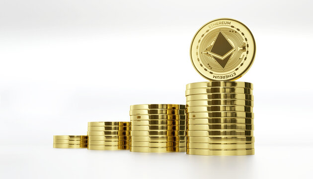 stack of gold coin ethereum high price cryptocurrency on a white background 3d rendering illustration