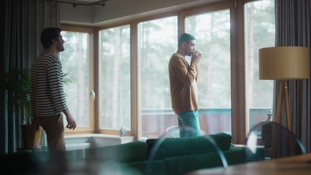 Gentle Scenes of a Stylish Young Adult Gay Couple Spend Time at Home. Two Happy Man in Love Stand in Next to a Window in Casual Clothes and Hug Each Other. Cute LGBT Relationship Content.