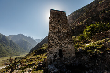 Ancestral tower. The village Upper Balkaria in the Caucasus mountains in Kabardino-Balkaria, Russia