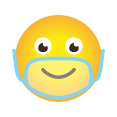Closeup emoji icon in limpid mask. Emoticon smile in cartoon style in face protective mask as sign protect against spread of coronavirus. Chat app object. Stop COVID-19. Isolated vector illustration