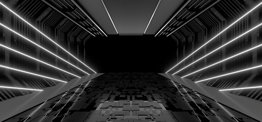 A dark hall lit by white neon lights. Reflections on the floor and walls. 3d rendering image.