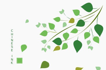 Vintage Chinese ink painting with green plants and tree branches with Chinese alphabet of quiet, still, calm, quiescent, tranquil, motionless in translation. Vector pattern.