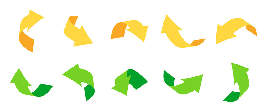 Flat green or yellow color curved arrows 3d set. Icons of cursor or direction. Realistic arrow twisted in various directions. Pointer sign. Rounded navigation. Isolated on white vector illustration