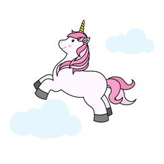 Cute Cartoon Unicorn on Cloud and Rainbow For Print T-shirt or Sticker, Wallpaper Background and Hand Drawing Illustration For Children