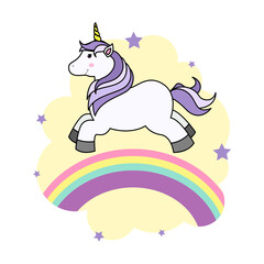 Cute Cartoon Unicorn on Cloud and Rainbow For Print T-shirt or Sticker, Wallpaper Background and Hand Drawing Illustration For Children