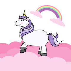 Cute Cartoon Unicorn on Cloud and Rainbow For Print T-shirt or Sticker, Wallpaper Background and Hand Drawing Illustration For Children